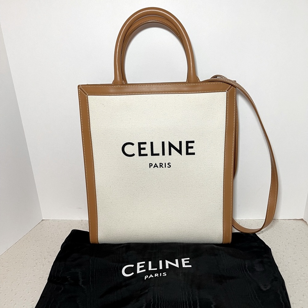Authentic Celine Cabas Vertical Tote Small Logo w/ leather strap Natural Tan